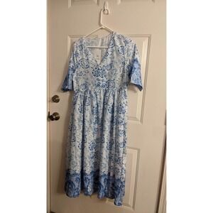 Maldila Blue & White Floral Dress SM, Grandmacore Cottagecore Peasant